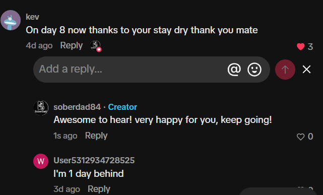 TikTok comment: On day 8 now thanks to your stay dry thank you mate